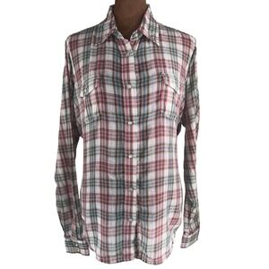 Wrangler Western Pearl Snap Shirt Women's XL Pink Blue Plaid Metallic EUC